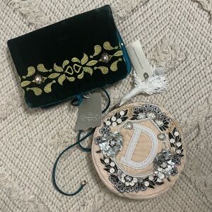 Anthropologie Green Velvet jewelry case and Beige Floral Clutch both NWT set